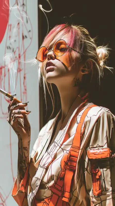fashion shoot of a female model smoking a cigarette
