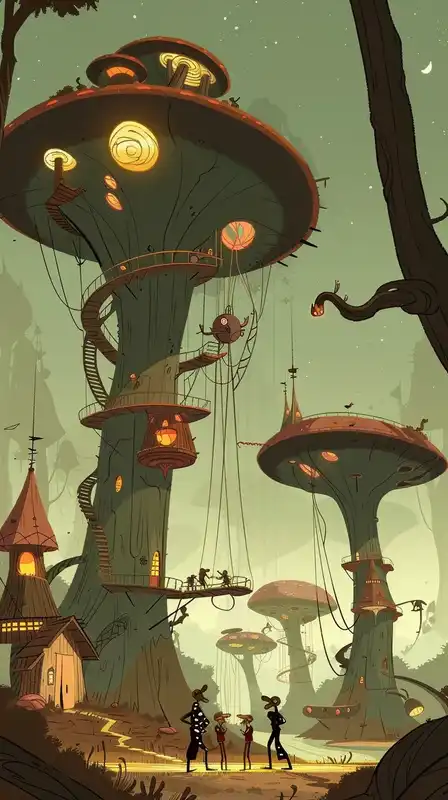 A magical forest playground at golden hour, filled with oversized glowing mushrooms, sparkling streams, treehouses with rope bridges, and joyful animal children playing together – in the style of Celestial Charm