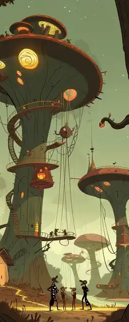 A magical forest playground at golden hour, filled with oversized glowing mushrooms, sparkling streams, treehouses with rope bridges, and joyful animal children playing together – in the style of Celestial Charm