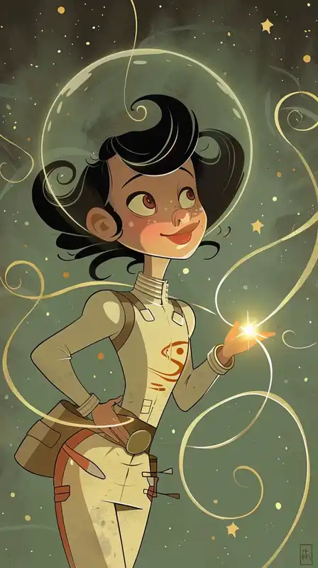A dreamy young girl in a pastel space suit floating among twinkling stars and cotton-candy nebulae, holding a glowing star in her hands, with whimsical expressions and surreal floating hair – in the style of Celestial Charm