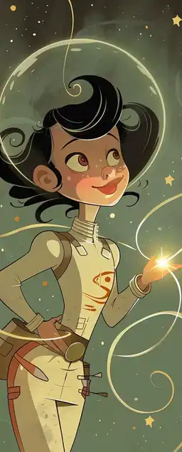 A dreamy young girl in a pastel space suit floating among twinkling stars and cotton-candy nebulae, holding a glowing star in her hands, with whimsical expressions and surreal floating hair – in the style of Celestial Charm