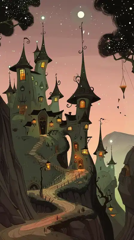 A cozy fantasy village nestled in rolling hills under a pink-purple twilight sky, lanterns glowing gently, charming crooked rooftops and cobblestone paths, children flying kites – in the style of Celestial Charm