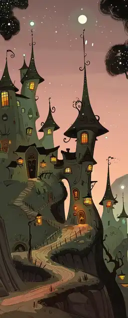 A cozy fantasy village nestled in rolling hills under a pink-purple twilight sky, lanterns glowing gently, charming crooked rooftops and cobblestone paths, children flying kites – in the style of Celestial Charm