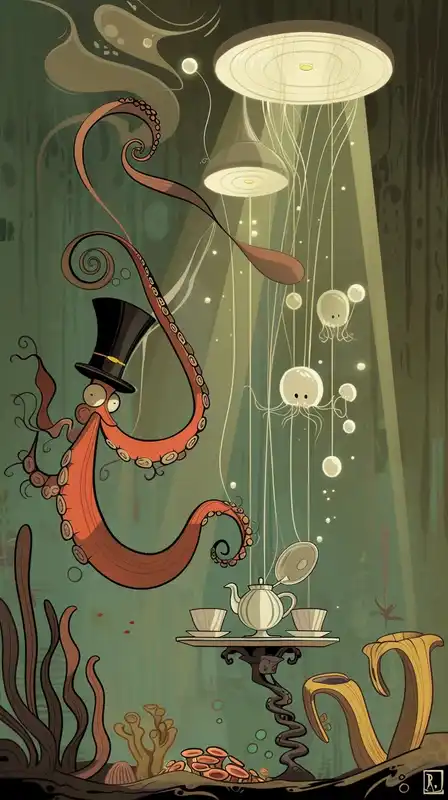 A whimsical underwater tea party between a mermaid, an octopus in a top hat, and glowing jellyfish, with floating teacups, coral furniture, and dreamy light rays filtering through the ocean – in the style of Celestial Charm