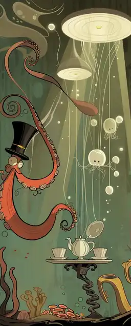 A whimsical underwater tea party between a mermaid, an octopus in a top hat, and glowing jellyfish, with floating teacups, coral furniture, and dreamy light rays filtering through the ocean – in the style of Celestial Charm