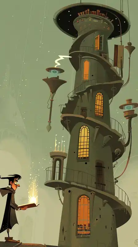 A tall spiraling library tower with floating books, starry windows, levitating candles, and a child wizard reading a glowing tome on a flying rug – dreamy atmosphere and surreal lighting – in the style of Celestial Charm