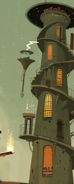A tall spiraling library tower with floating books, starry windows, levitating candles, and a child wizard reading a glowing tome on a flying rug – dreamy atmosphere and surreal lighting – in the style of Celestial Charm