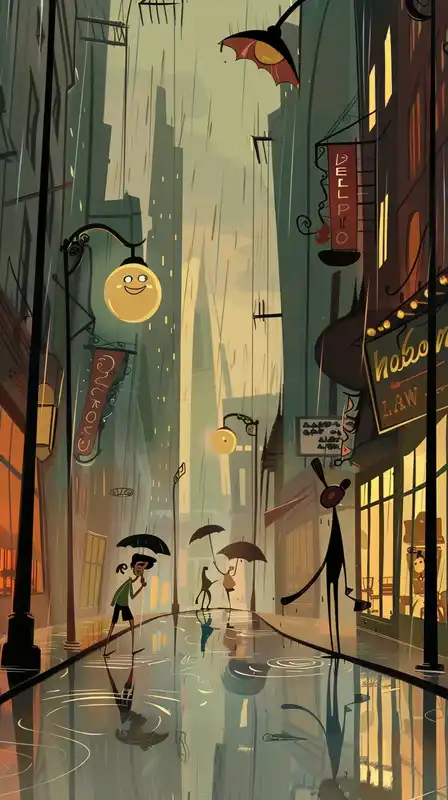 A cartoonish rainy city street with colorful reflections, children splashing in puddles, floating umbrellas, anthropomorphic raindrops smiling, soft glows from shop windows – in the style of Celestial Charm