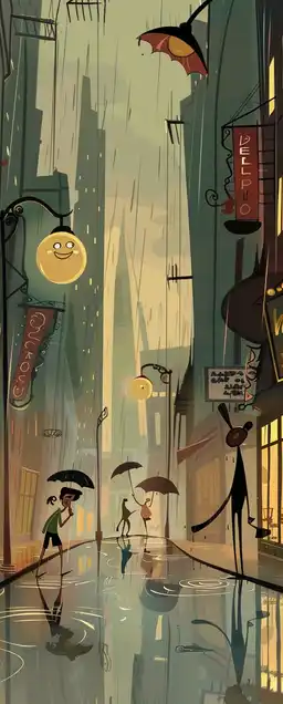 A cartoonish rainy city street with colorful reflections, children splashing in puddles, floating umbrellas, anthropomorphic raindrops smiling, soft glows from shop windows – in the style of Celestial Charm