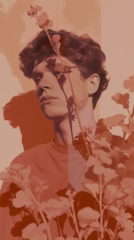 close up fashion shoot of a male model standing in a garden with a lot of flowers