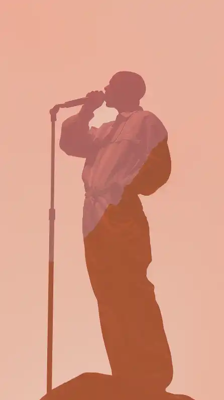 a rapper standing on a huge stage rapping into the microphone