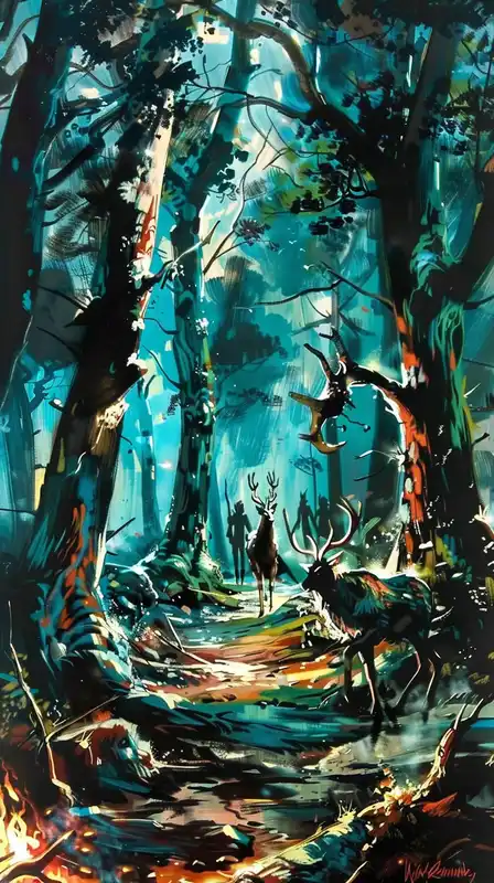 A clockwork forest where trees drip molten silver, inhabited by forrest deers, dreamlike chiaroscuro lighting