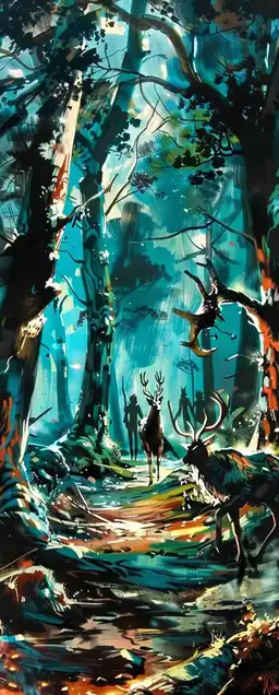 A clockwork forest where trees drip molten silver, inhabited by forrest deers, dreamlike chiaroscuro lighting