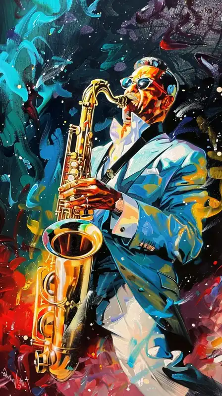 A cosmic jazz musician playing a saxophone made of stardust, notes spiraling into galaxy-shaped riffs, deep indigo and blazing crimson, abstract expressionist vibe
