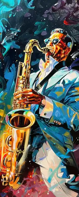 A cosmic jazz musician playing a saxophone made of stardust, notes spiraling into galaxy-shaped riffs, deep indigo and blazing crimson, abstract expressionist vibe