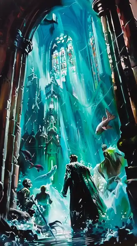 A submerged cathedral guarded by bioluminescent squid priests, stained glass glowing through murky teal waters, gothic arches in a psychedelic swirl