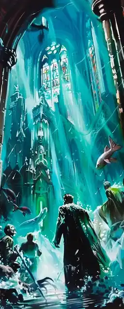 A submerged cathedral guarded by bioluminescent squid priests, stained glass glowing through murky teal waters, gothic arches in a psychedelic swirl