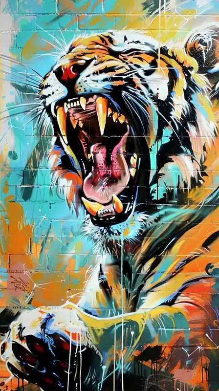 A sentient graffiti mural of a tiger breaking free from a brick wall, claws dripping ultraviolet paint, cityscape fading into a starry void, bold stencil contrasts