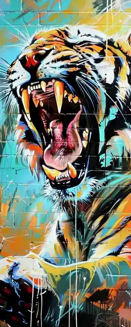A sentient graffiti mural of a tiger breaking free from a brick wall, claws dripping ultraviolet paint, cityscape fading into a starry void, bold stencil contrasts