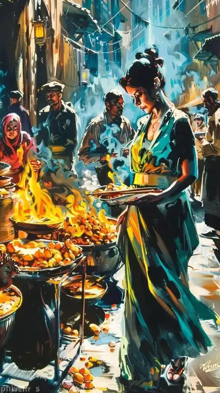 A volcanic marketplace with living shadows, traders in patchwork robes barter glowing fruit, textured impasto