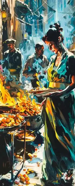 A volcanic marketplace with living shadows, traders in patchwork robes barter glowing fruit, textured impasto