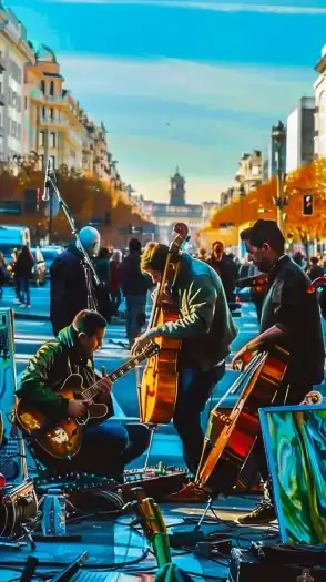 a group of musicians making music on a busy street