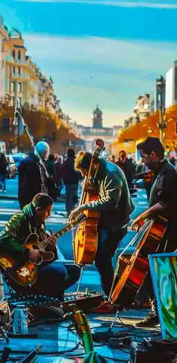 a group of musicians making music on a busy street