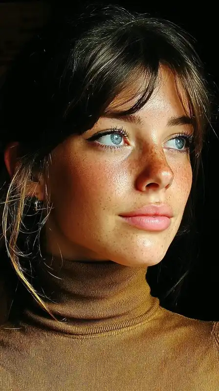 Portrait of a woman in a neutral-toned turtleneck standing in soft window light, clean background, relaxed expression, natural skin texture and shallow depth of field