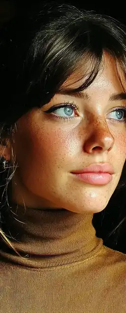 Portrait of a woman in a neutral-toned turtleneck standing in soft window light, clean background, relaxed expression, natural skin texture and shallow depth of field