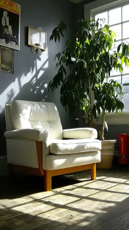 A serene interior with a white armchair, single leafy plant, and clean wooden floor, light flooding in from an unseen window, balanced shadows and neutral tones