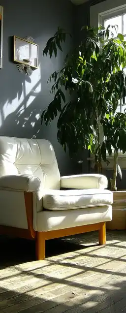 A serene interior with a white armchair, single leafy plant, and clean wooden floor, light flooding in from an unseen window, balanced shadows and neutral tones