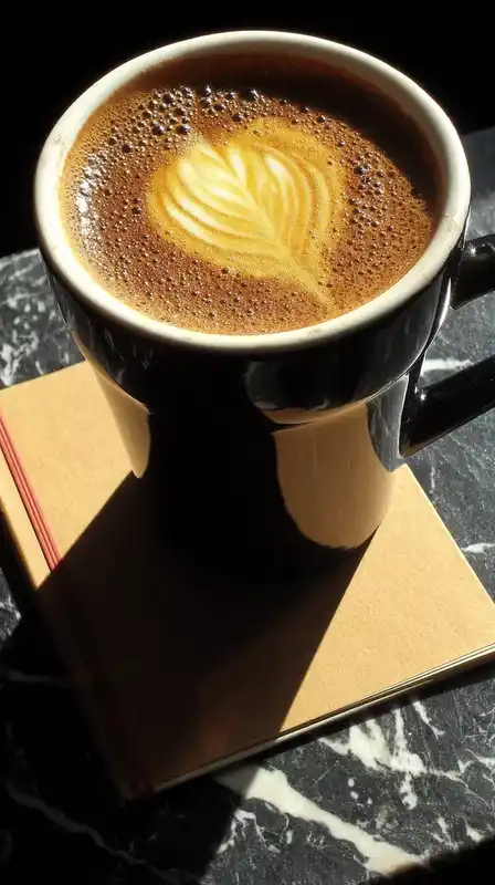 An overhead shot of a cappuccino and open notebook on a clean marble table, soft morning light casting elegant, natural shadows across the scene