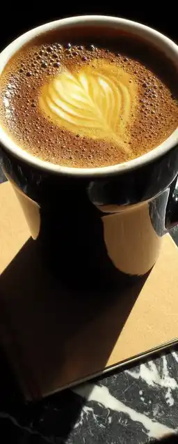 An overhead shot of a cappuccino and open notebook on a clean marble table, soft morning light casting elegant, natural shadows across the scene