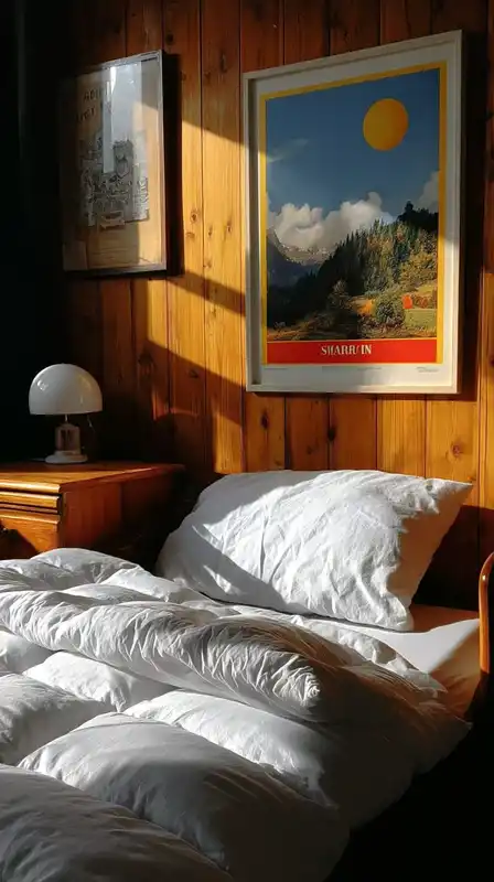 A cozy bedroom with white bedding, pale wooden furniture, a single framed art piece on the wall, and soft sunlight illuminating textures naturally