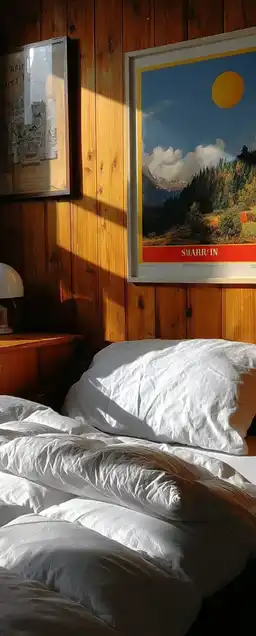 A cozy bedroom with white bedding, pale wooden furniture, a single framed art piece on the wall, and soft sunlight illuminating textures naturally
