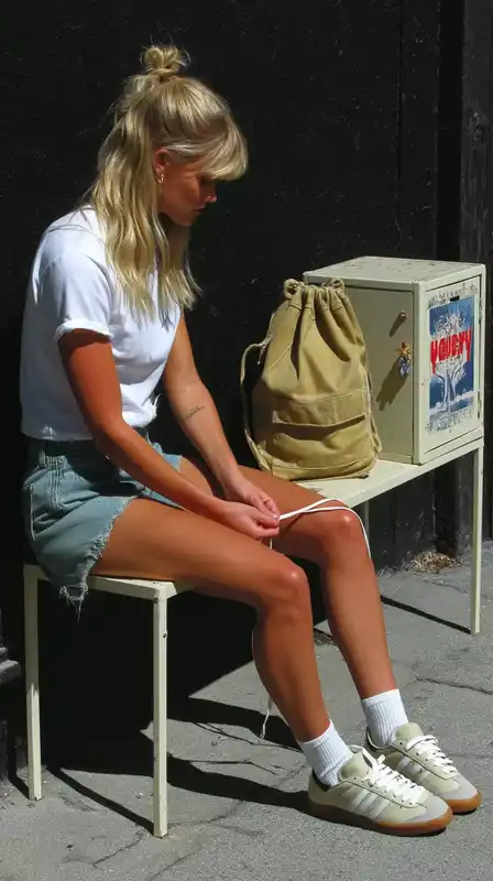 A lifestyle shot of a young woman tying her shoes beside a minimalist bench, gym bag beside her, white and beige tones in soft daylight