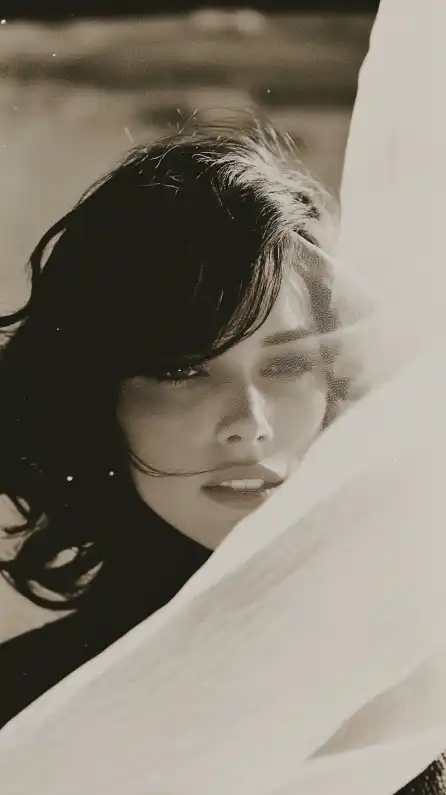 fashion shoot of a female top model with a transparent scarf in front of her face
