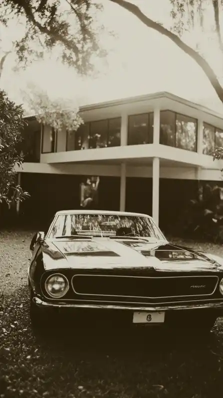 a classic muscle car in front of a modern architecture villa