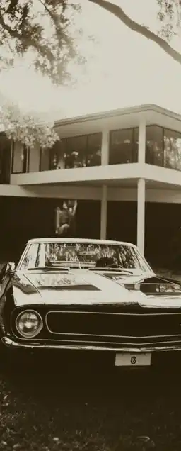a classic muscle car in front of a modern architecture villa