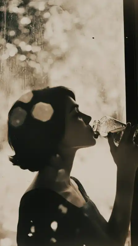 a woman drinking from a glas bottle