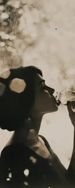 a woman drinking from a glas bottle