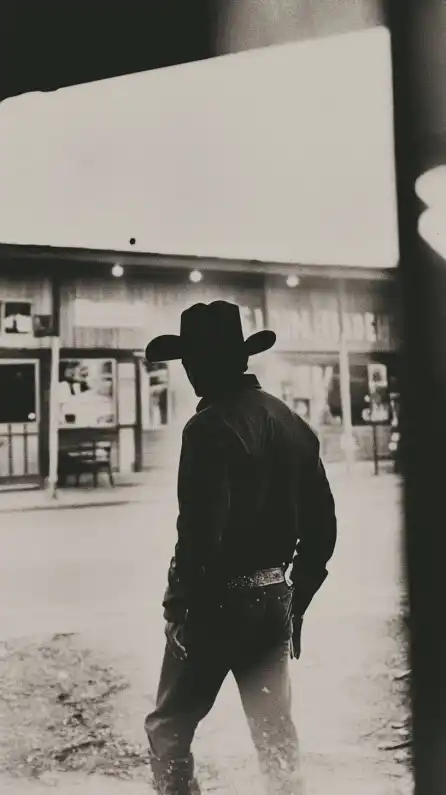a cowboy standing in front of a saloon