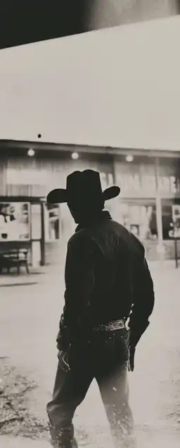 a cowboy standing in front of a saloon