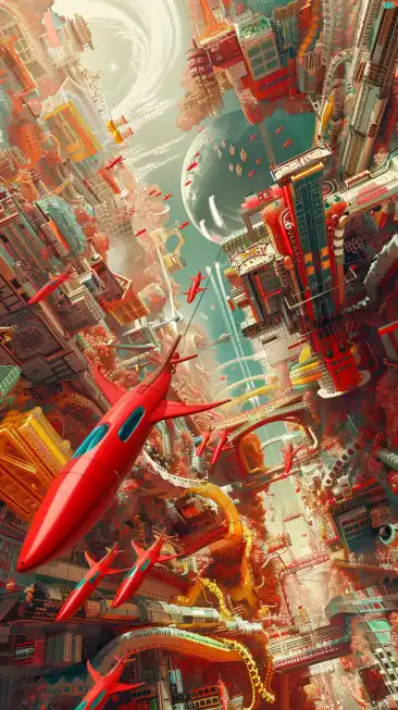A futuristic space City, small spaceships buzzing around