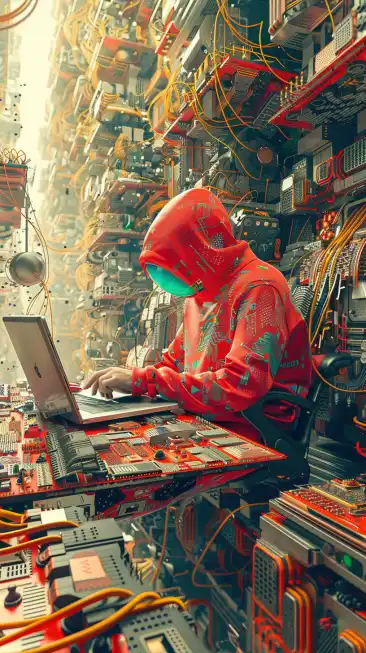 Cyberpunk Hacker with Hoodie and Heads Up Display sitting on His Laptop in abhacker hideout Bunker filled with digital electronics