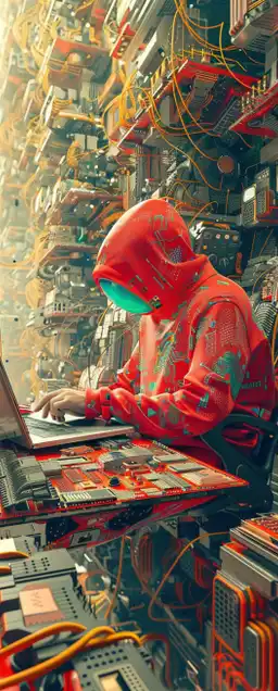 Cyberpunk Hacker with Hoodie and Heads Up Display sitting on His Laptop in abhacker hideout Bunker filled with digital electronics