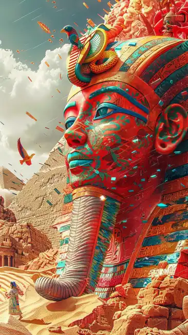 Explore vividly colored hieroglyphs, Sphinx-like structures, and artifacts reminiscent of an era dominated by pharaohs and complex spiritual beliefs