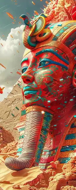 Explore vividly colored hieroglyphs, Sphinx-like structures, and artifacts reminiscent of an era dominated by pharaohs and complex spiritual beliefs