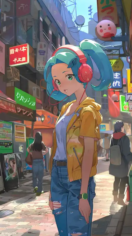 a girl with blue hair wearing a headphone