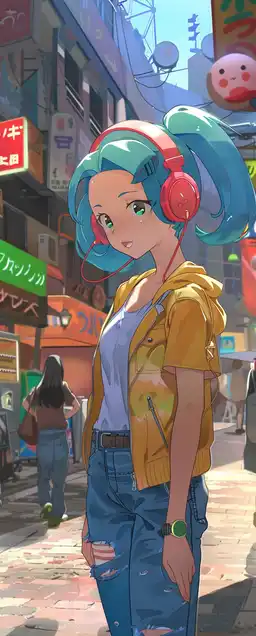 a girl with blue hair wearing a headphone